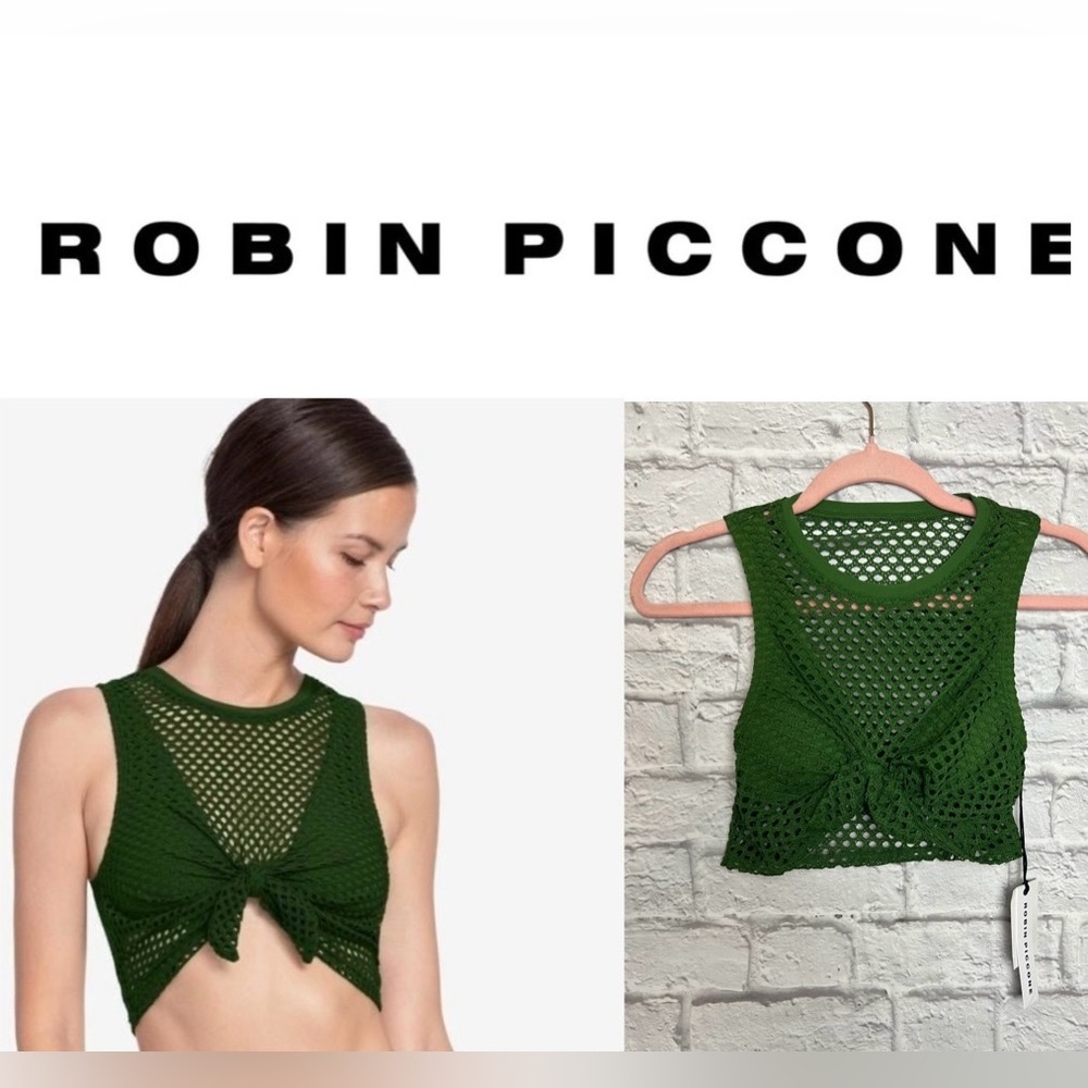 Robin Piccone Dark Green Crochet Tie-Front Swim Top